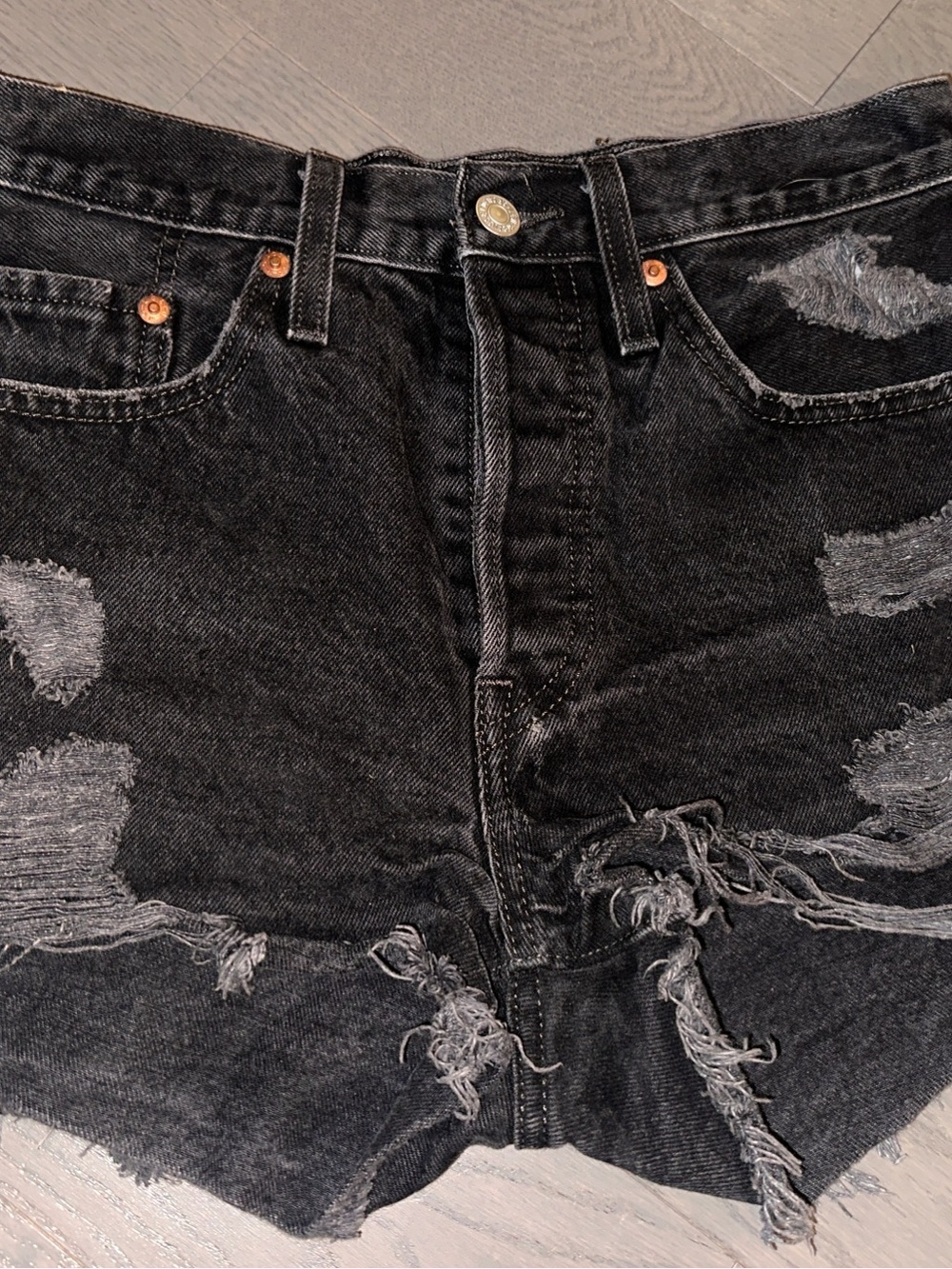 Levi’s 501 Black Distressed Denim Shorts High Rise Button Fly, Sz 27